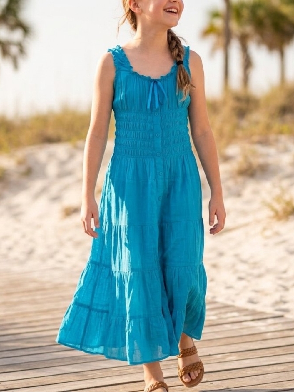 CHILLIPOP Girls Blue Smocked Tiered Maxi Dress Size 10-12 NWT